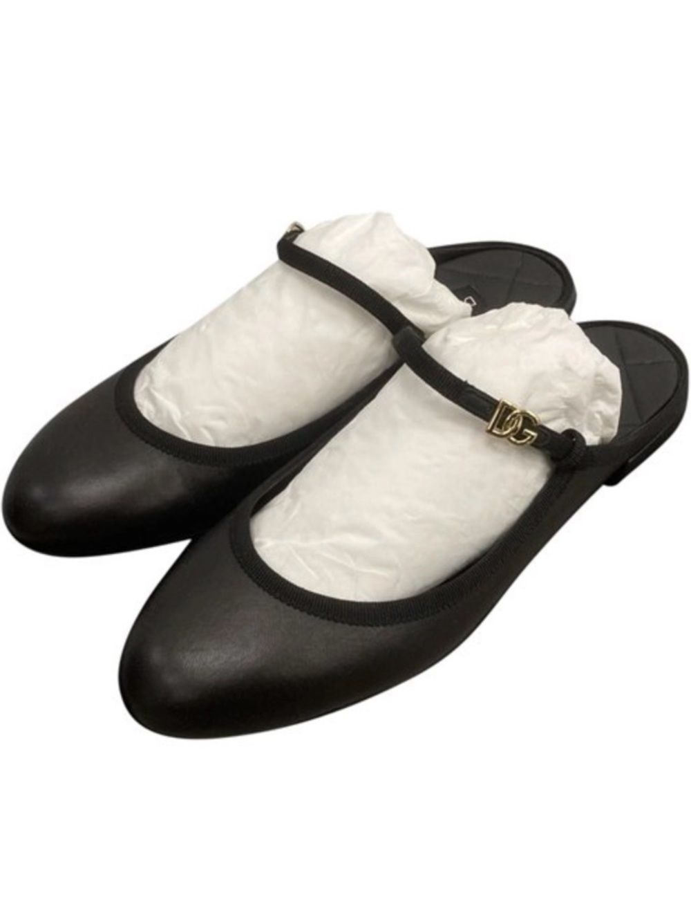 Dolce & Gabbana Black Leather Mary Jane flat Mule with Gold DG Accent